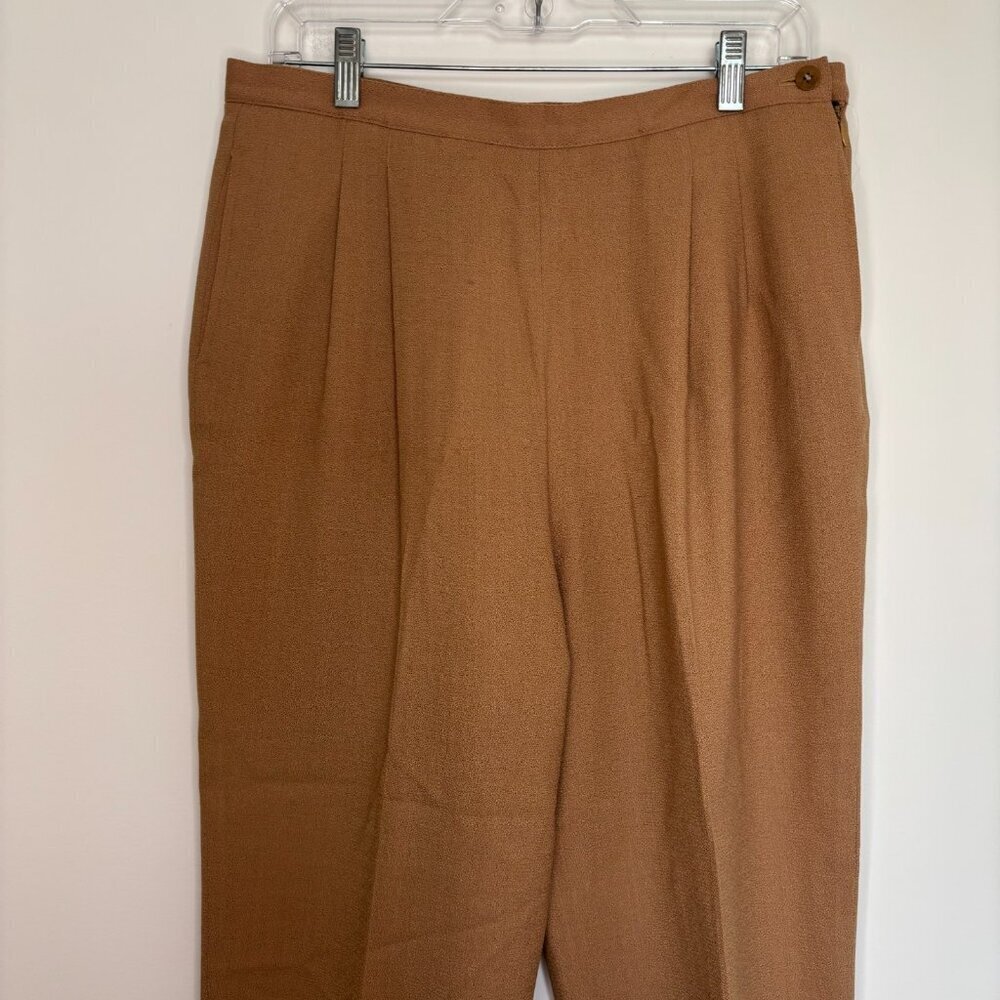 RENA ROWAN for Seville 100% Wool Trouser Womens 12 Petite Tan Pleated Side Zip